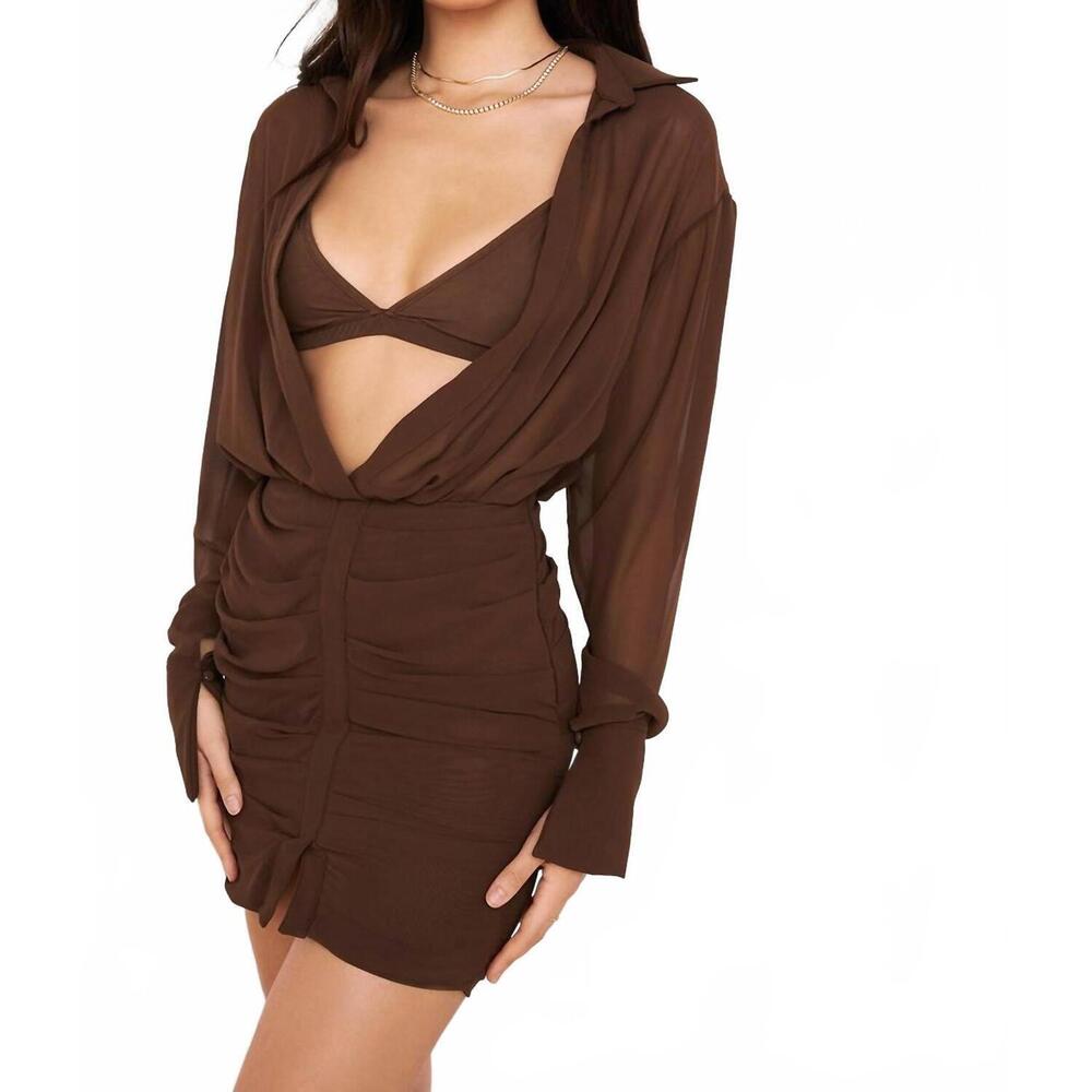 NEW HOUSE OF CB deep v-neck puff skirt mini dress in brown - Picture 2 of 5
